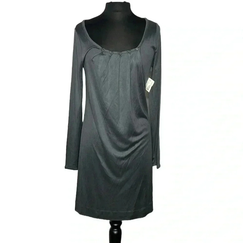 Whim Pleated Gray Midi Pull On Silk Blend Dress Size L